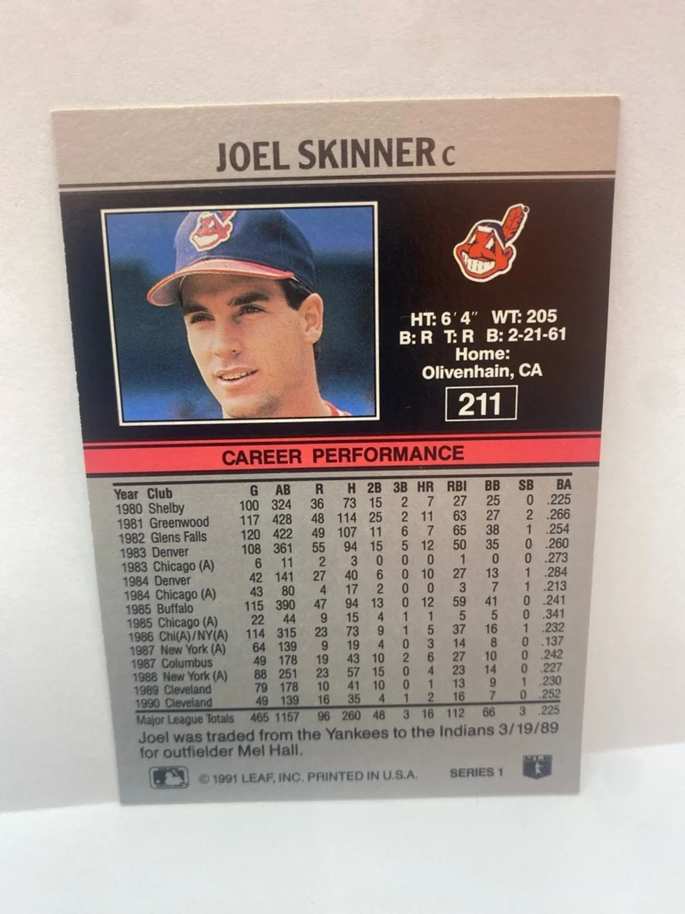 1991 Leaf Joel Skinner Indians #211 In Person Auto (087)